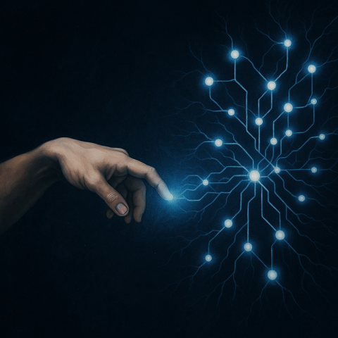 Un humain touche du doigt l'IA