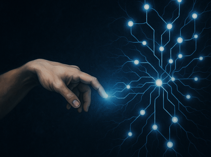 Un humain touche du doigt l'IA